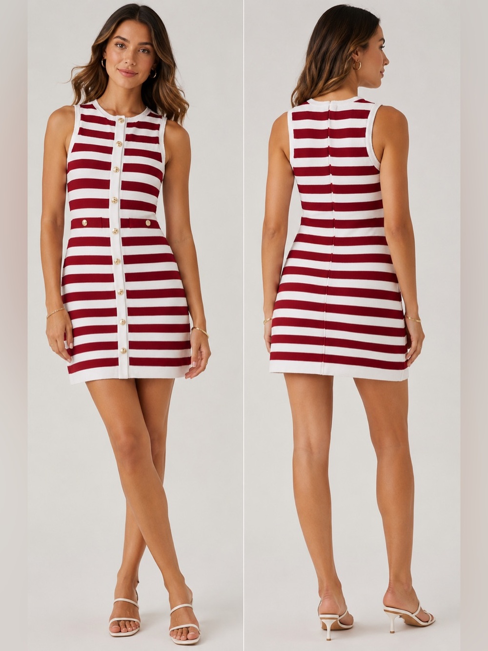 Skies Are Blue Striped Knit Mini Dress XS Red White Gold Buttons NWT